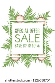 Sale poster template with hand drawn coconuts and palm leaves.