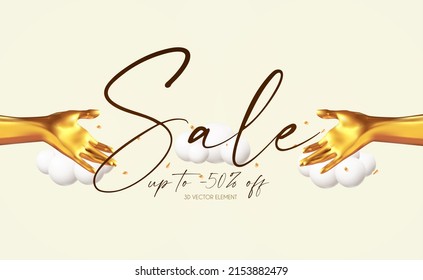 Sale poster template with opened palms. Simple showcase. 3D gold human hand gesture. Realistic metal render