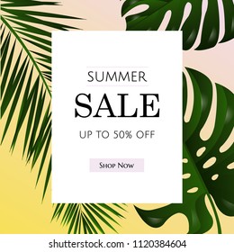 Sale Poster With Tropical Leaf Vector Illustration