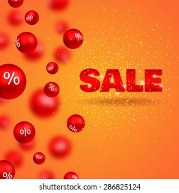 Sale poster. Vector illustration.  3d red balls with percents on orange background 