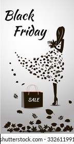 The Sale poster is a vector illustration. The autumn leaves design template for black friday sale. The  package on a gray background.