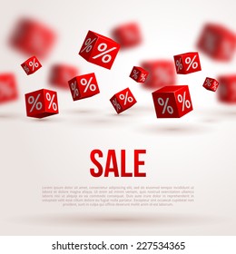 Sale poster. Vector illustration. Design template for holiday event. 3d red cubes with percents. Original festive backdrop.