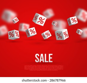 Sale Poster. Vector Illustration. Design Template for Holiday Event. 3d White Cubes with Percents on Red Background. Original Festive Backdrop.