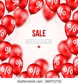 Sale poster. Vector illustration. Design template for holiday event. 3d red balloons with percents. Original festive backdrop.