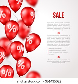 Sale poster. Vector illustration. Design template for holiday event. 3d red balloons with percents. Original festive backdrop for shop grand opening birthday celebration