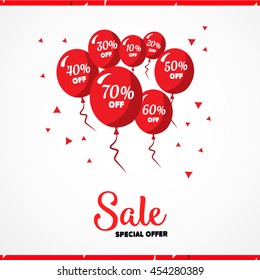 Sale poster. Vector illustration. Design template for holiday sale event. Red balloons with percents. Original festive backdrop for shop grand opening birthday celebration
