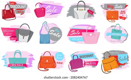 Sale poster with womens bag. Discount, special offers promotion, shopping advertisement. Hand drawn style vector design illustration shop now concept, black friday marketing advertising template