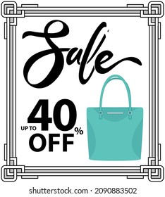 Sale poster with womens bag. Discount, special offers promotion, shopping advertisement. Hand drawn style vector design illustration shop now concept, black friday marketing advertising template