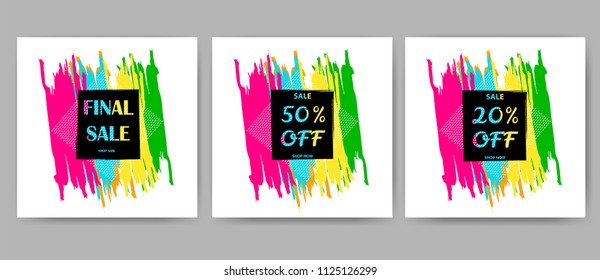 Sale posters set. Colorful brush strokes backgrounds. Vector illustration