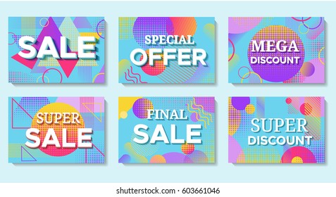 Sale posters set in trendy 80s-90s style with geometric 