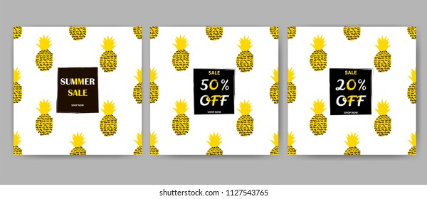 Sale posters set with yellow and black pineapples. Vector illustration