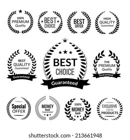 Sale premium quality best choice exclusive laurel wreath emblems black set isolated vector illustration