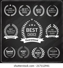 Sale premium quality exclusive sale advertising laurel wreath emblems chalkboard set isolated vector illustration