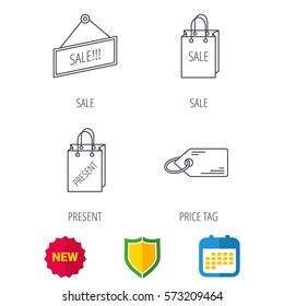 Sale, present bag and price tag icons. Special offer linear signs. Shield protection, calendar and new tag web icons. Vector