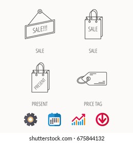 Sale, present bag and price tag icons. Special offer linear signs. Calendar, Graph chart and Cogwheel signs. Download colored web icon. Vector
