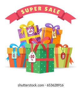 Sale present boxes vector illustration. Big pile of presents isolated on white background. Gifts in fall paper with special discount offer tokens