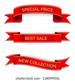 sale price banner and tag ribbon to business promotional. red ribbons set.