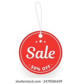 Sale price off round red tag rope shopping discount special offer design template vector flat illustration. Shop store promo hang circle label clearance cost reduction marketing campaign emblem