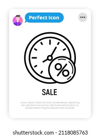 Sale, price reduction, discount, dividends thin line icon. Percent with cllock. Vector illustration.
