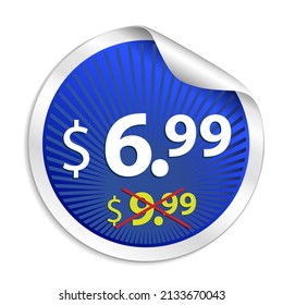Sale - price sticker. Glossy emblem. Blue vector illustration.