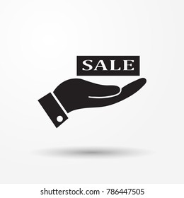 Sale, price tag and hand icon. Sign isolated on grey background. Vector flat design illustration