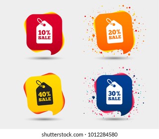 Sale price tag icons. Discount special offer symbols. 10%, 20%, 30% and 40% percent sale signs. Speech bubbles or chat symbols. Colored elements. Vector