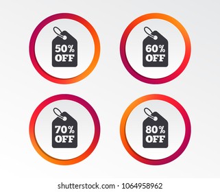 Sale price tag icons. Discount special offer symbols. 50%, 60%, 70% and 80% percent off signs. Infographic design buttons. Circle templates. Vector