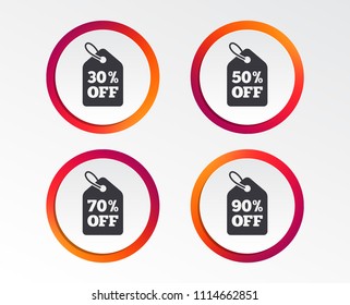 Sale price tag icons. Discount special offer symbols. 30%, 50%, 70% and 90% percent off signs. Infographic design buttons. Circle templates. Vector
