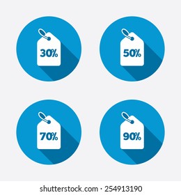 Sale price tag icons. Discount special offer symbols. 30%, 50%, 70% and 90% percent discount signs. Circle concept web buttons. Vector