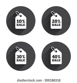 Sale price tag icons. Discount special offer symbols. 10%, 20%, 30% and 40% percent sale signs. Circles buttons with long flat shadow. Vector