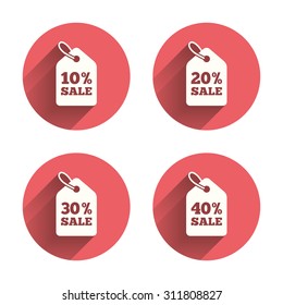 Sale price tag icons. Discount special offer symbols. 10%, 20%, 30% and 40% percent sale signs. Pink circles flat buttons with shadow. Vector