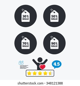 Sale price tag icons. Discount special offer symbols. 30%, 50%, 70% and 90% percent sale signs. Star vote ranking. Client like and think bubble. Quotes with message.