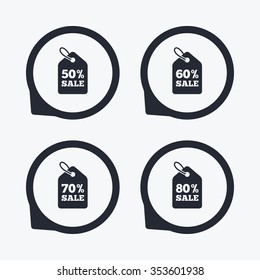 Sale price tag icons. Discount special offer symbols. 50%, 60%, 70% and 80% percent sale signs. Flat icon pointers.