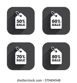 Sale price tag icons. Discount special offer symbols. 50%, 60%, 70% and 80% percent sale signs. Square flat buttons with long shadow.