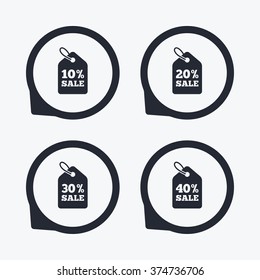 Sale price tag icons. Discount special offer symbols. 10%, 20%, 30% and 40% percent sale signs. Flat icon pointers.
