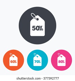 Sale price tag icons. Discount special offer symbols. 50%, 60%, 70% and 80% percent discount signs. Circle flat buttons with icon.