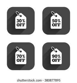 Sale price tag icons. Discount special offer symbols. 30%, 50%, 70% and 90% percent off signs. Square flat buttons with long shadow.