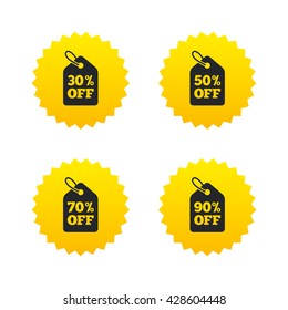 Sale price tag icons. Discount special offer symbols. 30%, 50%, 70% and 90% percent off signs. Yellow stars labels with flat icons. Vector