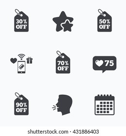 Sale price tag icons. Discount special offer symbols. 30%, 50%, 70% and 90% percent off signs. Flat talking head, calendar icons. Stars, like counter icons. Vector