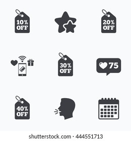 Sale price tag icons. Discount special offer symbols. 10%, 20%, 30% and 40% percent off signs. Flat talking head, calendar icons. Stars, like counter icons. Vector