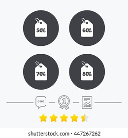 Sale price tag icons. Discount special offer symbols. 50%, 60%, 70% and 80% percent discount signs. Chat, award medal and report linear icons. Star vote ranking. Vector
