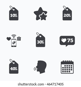 Sale price tag icons. Discount special offer symbols. 10%, 20%, 30% and 40% percent discount signs. Flat talking head, calendar icons. Stars, like counter icons. Vector