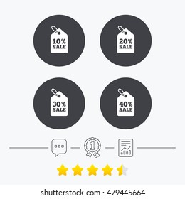 Sale price tag icons. Discount special offer symbols. 10%, 20%, 30% and 40% percent sale signs. Chat, award medal and report linear icons. Star vote ranking. Vector