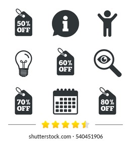 Sale price tag icons. Discount special offer symbols. 50%, 60%, 70% and 80% percent off signs. Information, light bulb and calendar icons. Investigate magnifier. Vector
