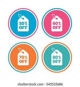 Sale price tag icons. Discount special offer symbols. 50%, 60%, 70% and 80% percent off signs. Colored circle buttons. Vector