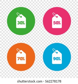Sale price tag icons. Discount special offer symbols. 30%, 50%, 70% and 90% percent discount signs. Round buttons on transparent background. Vector