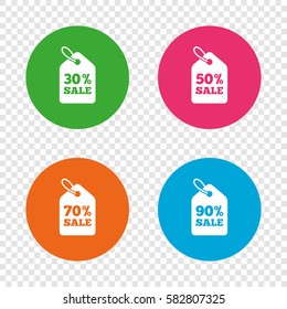 Sale price tag icons. Discount special offer symbols. 30%, 50%, 70% and 90% percent sale signs. Round buttons on transparent background. Vector