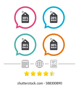 Sale price tag icons. Discount special offer symbols. 10%, 20%, 30% and 40% percent sale signs. Calendar, internet globe and report linear icons. Star vote ranking. Vector
