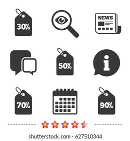 Sale price tag icons. Discount special offer symbols. 30%, 50%, 70% and 90% percent discount signs. Newspaper, information and calendar icons. Investigate magnifier, chat symbol. Vector