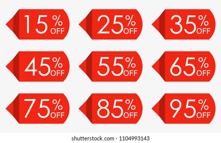 Sale price tag set. Red discount icons or stickers. 15,25,35,45,55,65,75,85,95 percent off. Vector illustration.